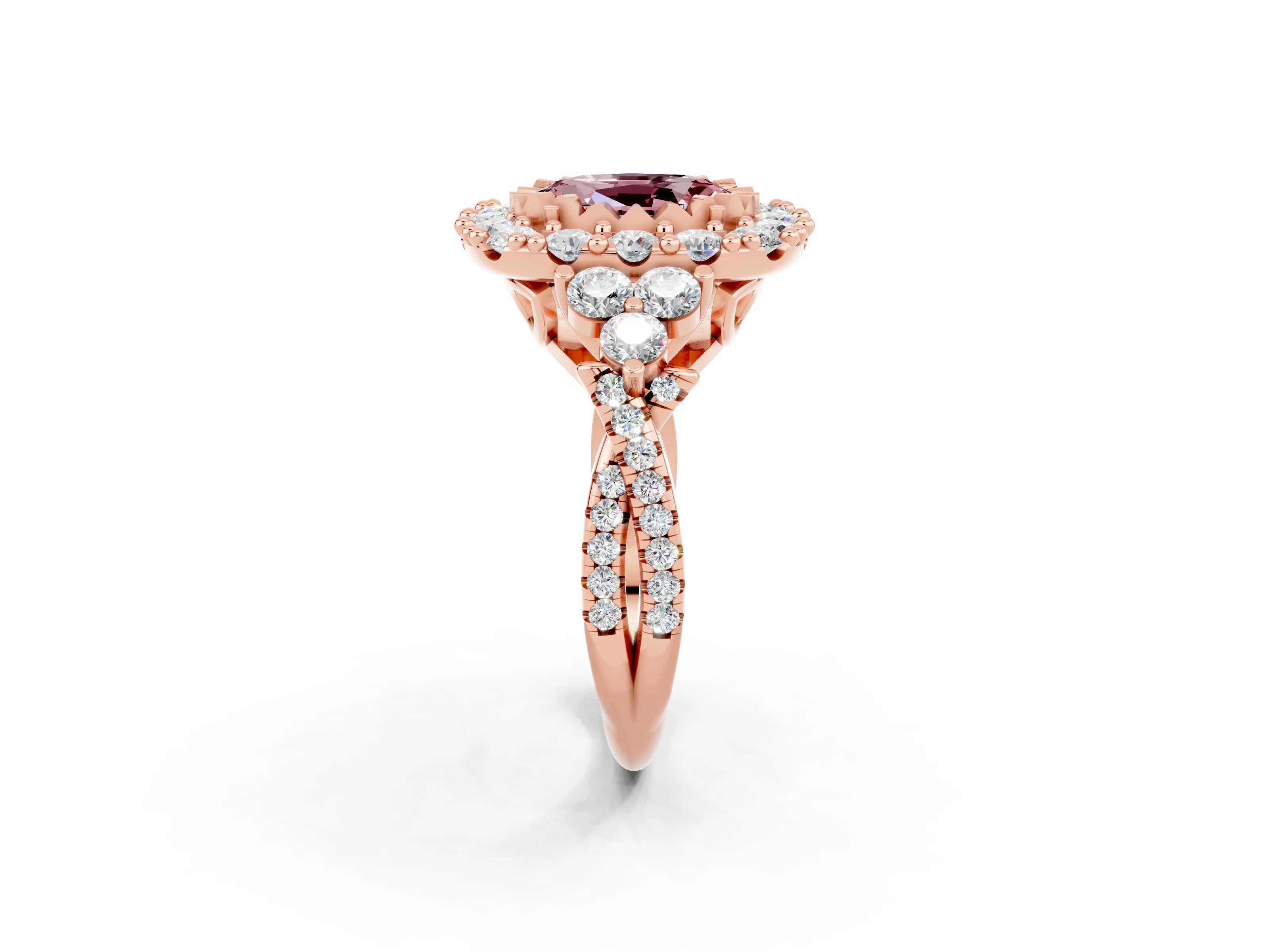 Rose gold Oval Cut Morganite Halo Ring with Pavé Band and Four-Prong Setting_14