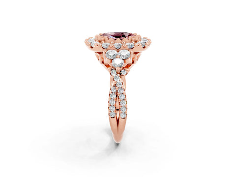 Rose gold Oval Cut Morganite Halo Ring with Pavé Band and Four-Prong Setting_14