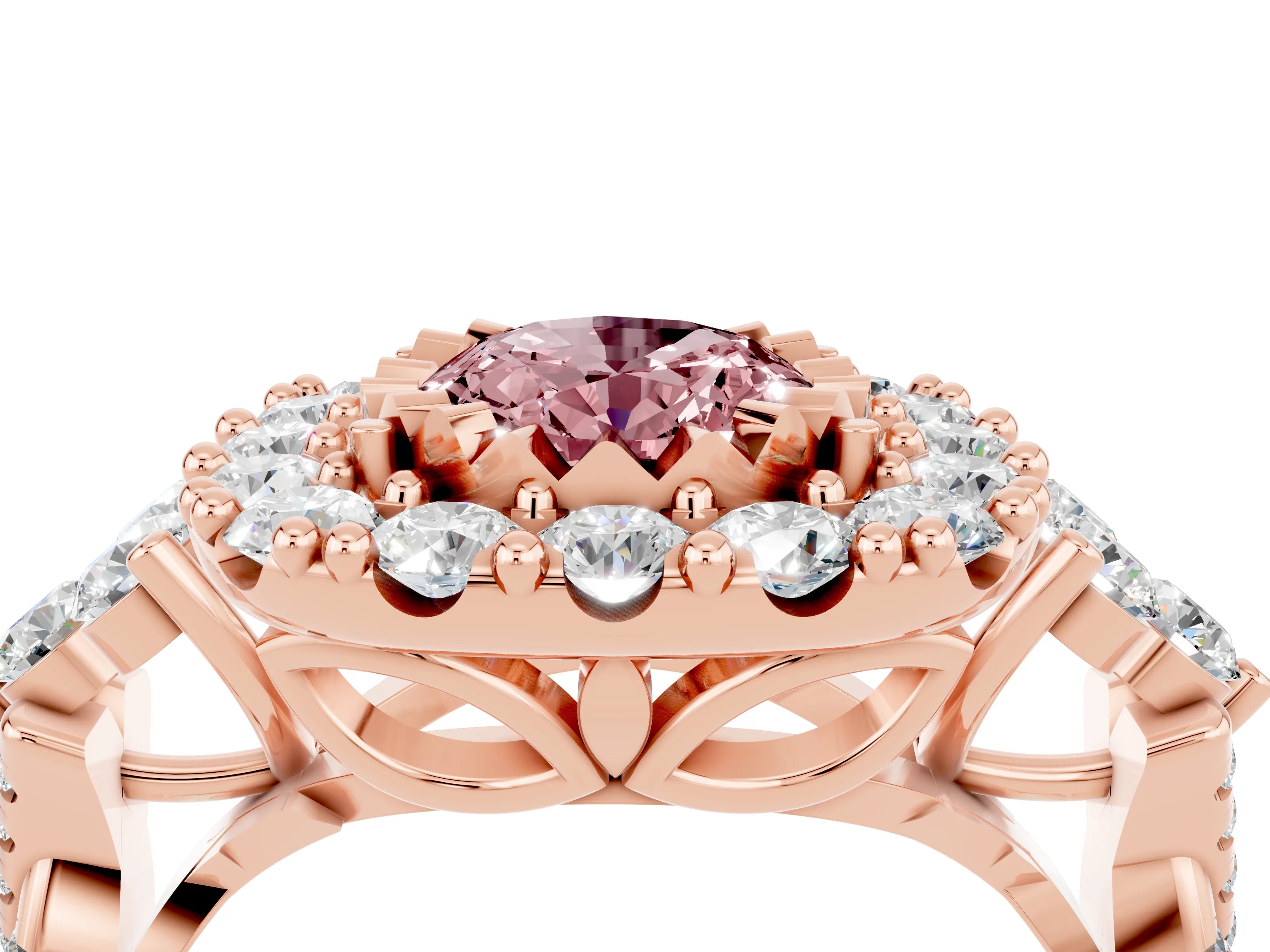 Rose gold Oval Cut Morganite Halo Ring with Pavé Band and Four-Prong Setting_16