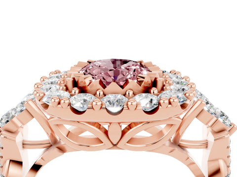 Rose gold Oval Cut Morganite Halo Ring with Pavé Band and Four-Prong Setting_16