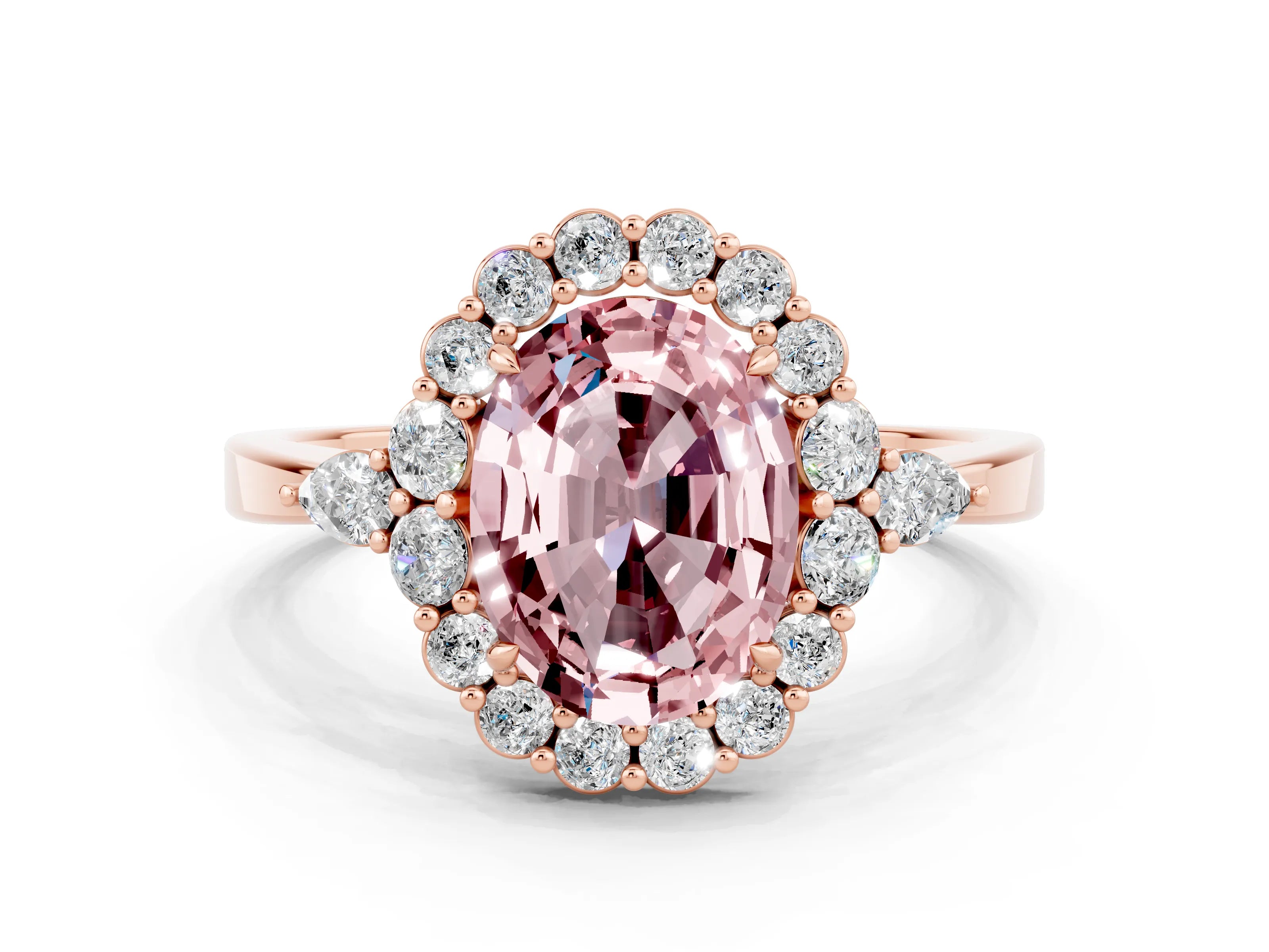 Rose gold Oval Cut Morganite Halo Ring with Pear Side Stones and Prong Setting_12
