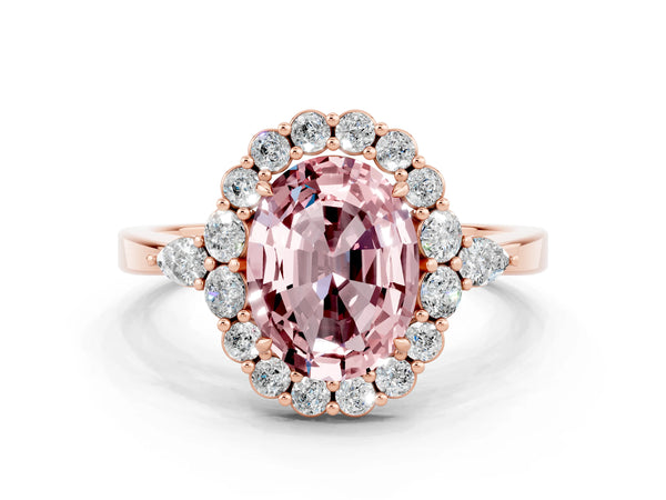 Rose gold Oval Cut Morganite Halo Ring with Pear Side Stones and Prong Setting