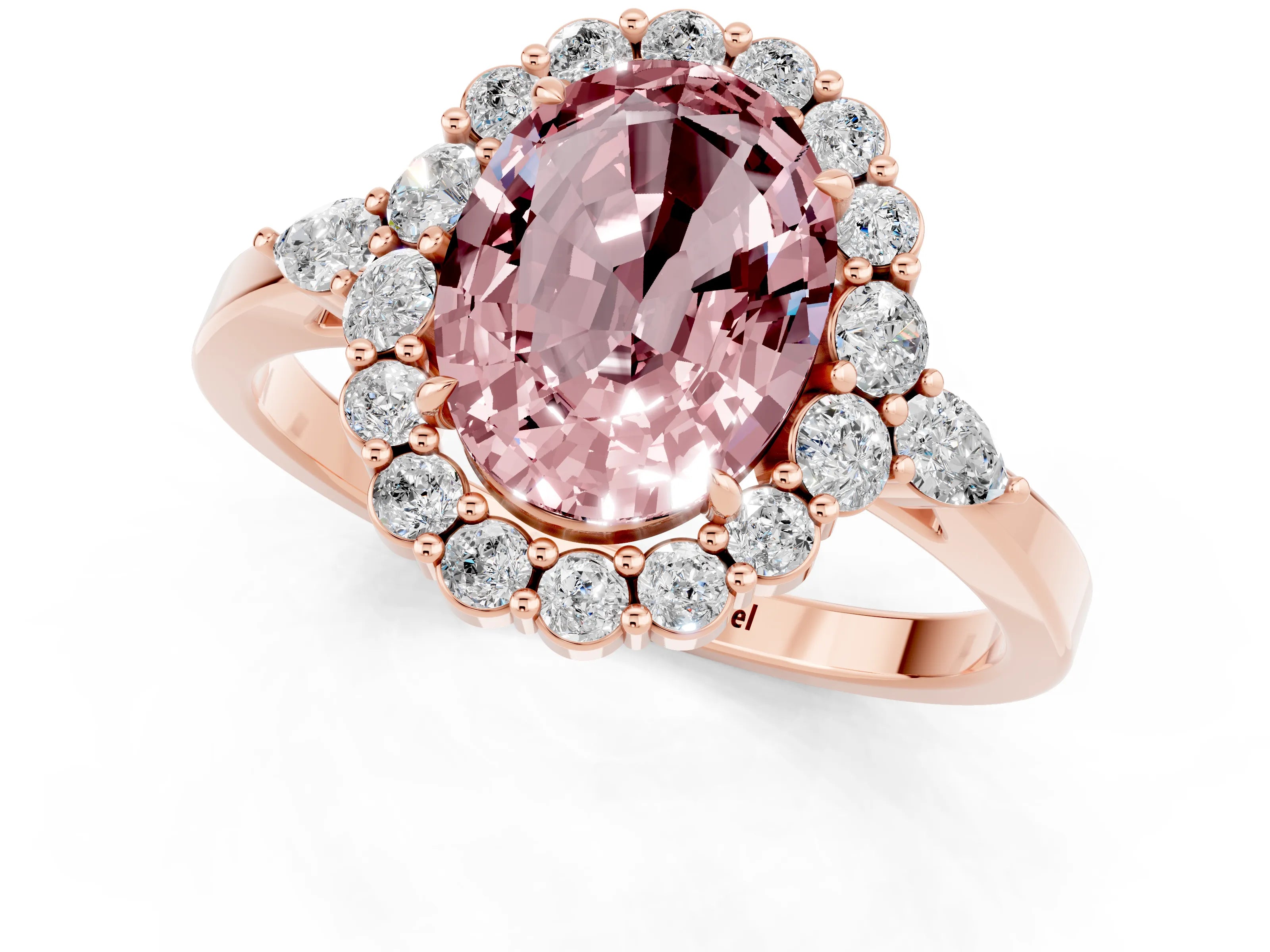 Rose gold Oval Cut Morganite Halo Ring with Pear Side Stones and Prong Setting_13