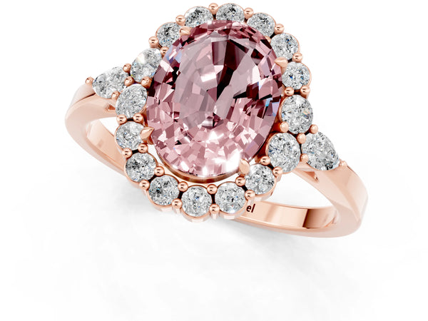 Rose gold Oval Cut Morganite Halo Ring with Pear Side Stones and Prong Setting