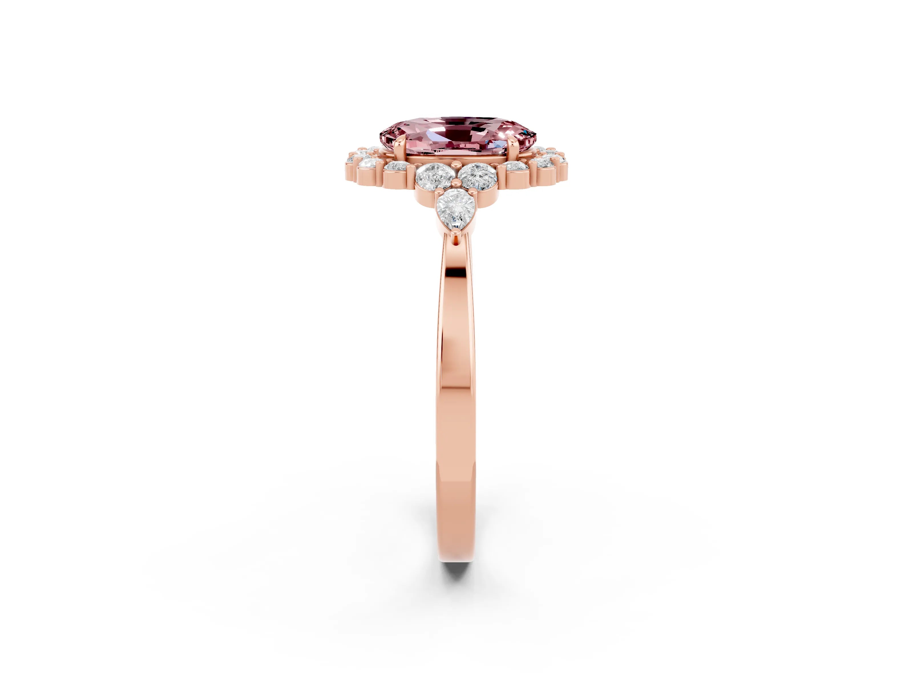 Rose gold Oval Cut Morganite Halo Ring with Pear Side Stones and Prong Setting_14