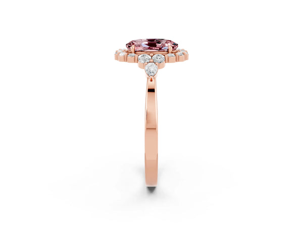 Rose gold Oval Cut Morganite Halo Ring with Pear Side Stones and Prong Setting