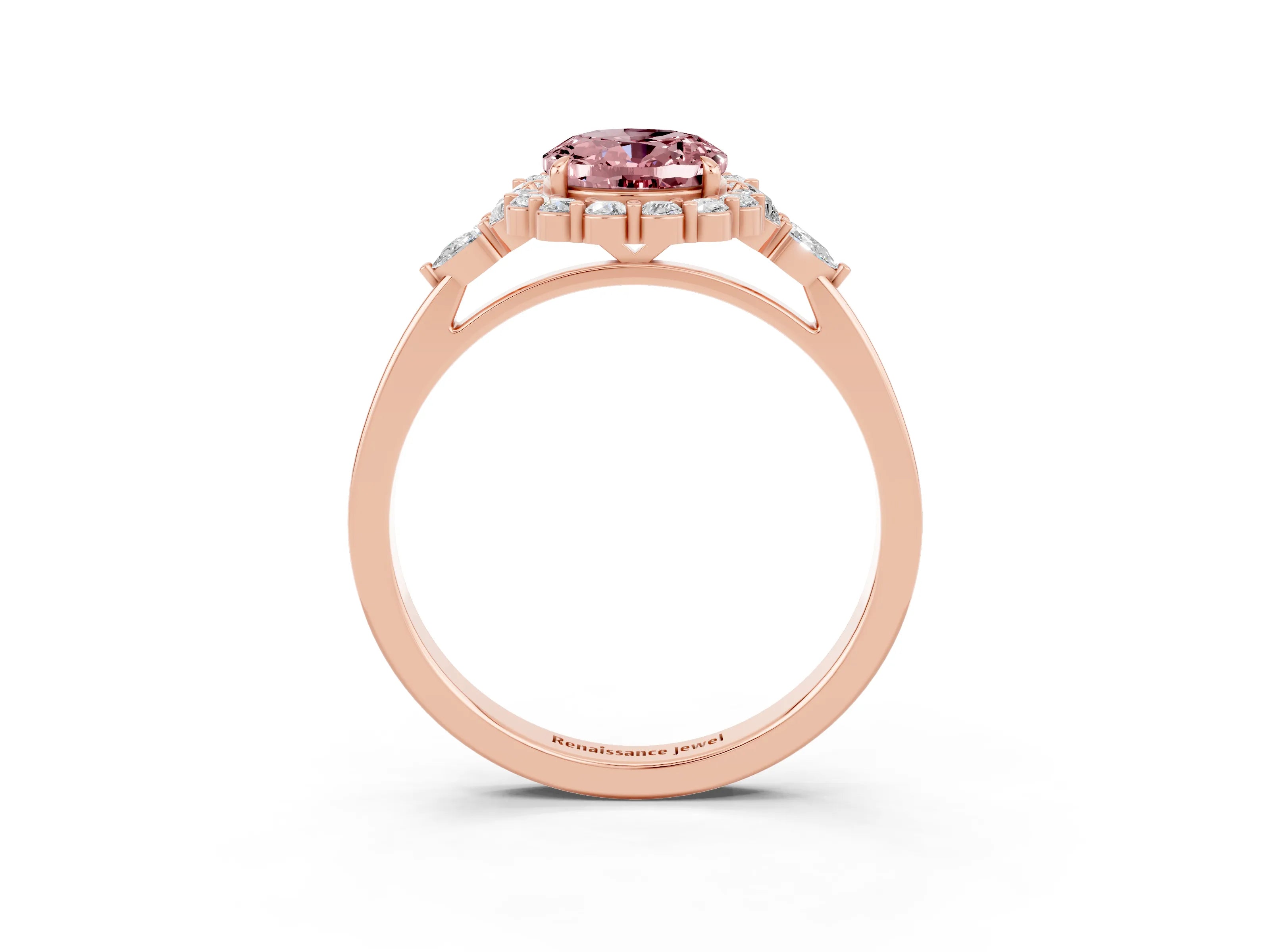 Rose gold Oval Cut Morganite Halo Ring with Pear Side Stones and Prong Setting_15
