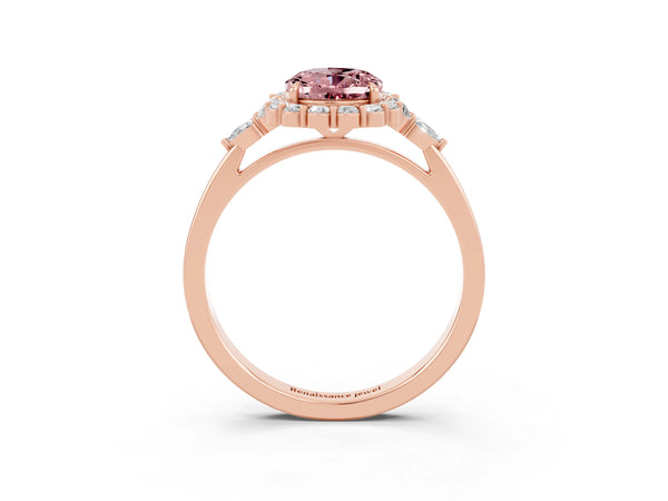 Rose gold Oval Cut Morganite Halo Ring with Pear Side Stones and Prong Setting
