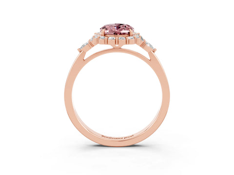 Rose gold Oval Cut Morganite Halo Ring with Pear Side Stones and Prong Setting_15