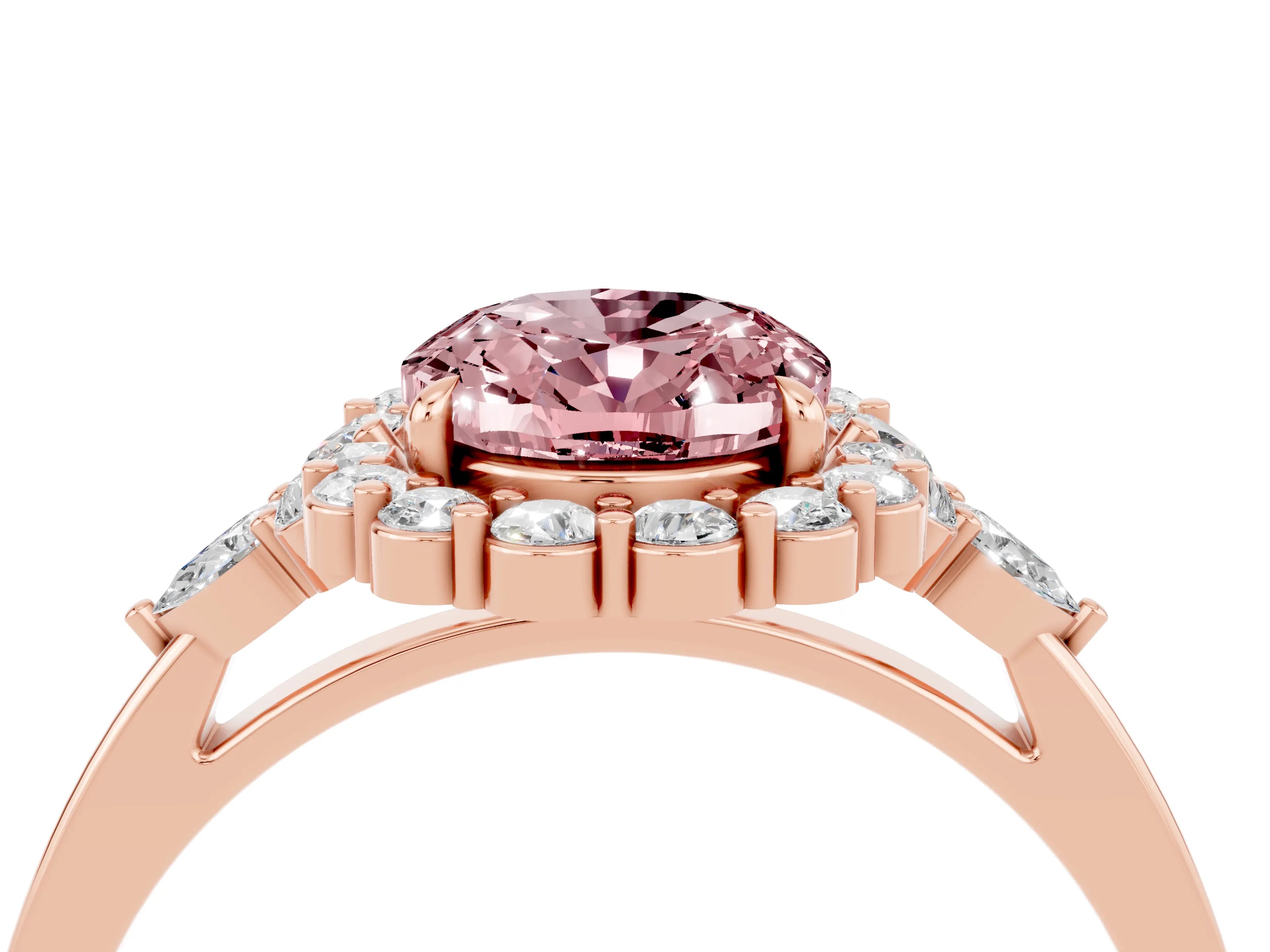 Rose gold Oval Cut Morganite Halo Ring with Pear Side Stones and Prong Setting_16