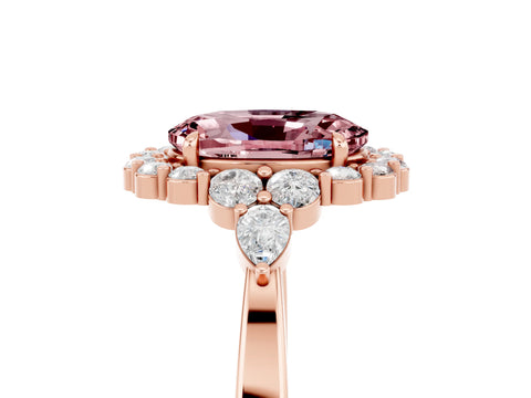 Rose gold Oval Cut Morganite Halo Ring with Pear Side Stones and Prong Setting_17