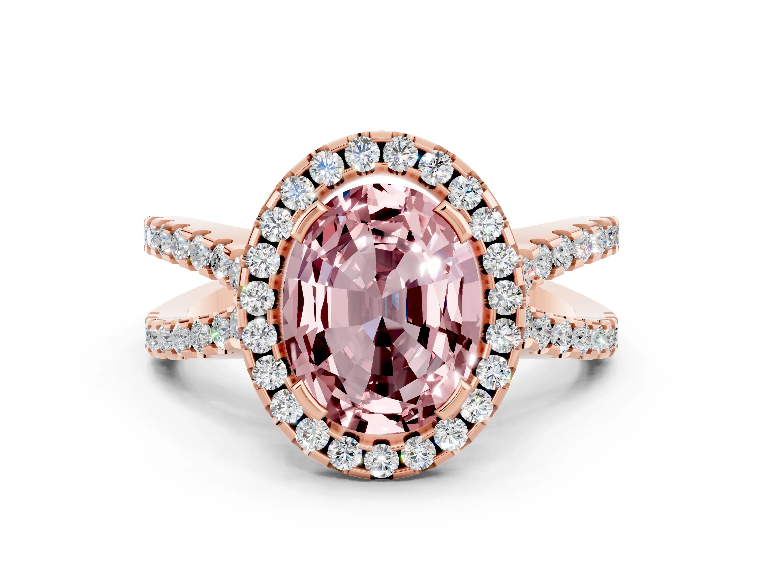 Rose gold Oval Cut Morganite Halo Ring with Split Shank Pavé Band and Prong Setting