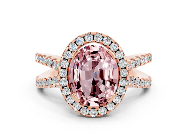 Rose gold Oval Cut Morganite Halo Ring with Split Shank Pavé Band and Prong Setting