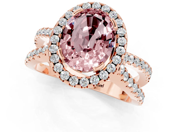 Rose gold Oval Cut Morganite Halo Ring with Split Shank Pavé Band and Prong Setting