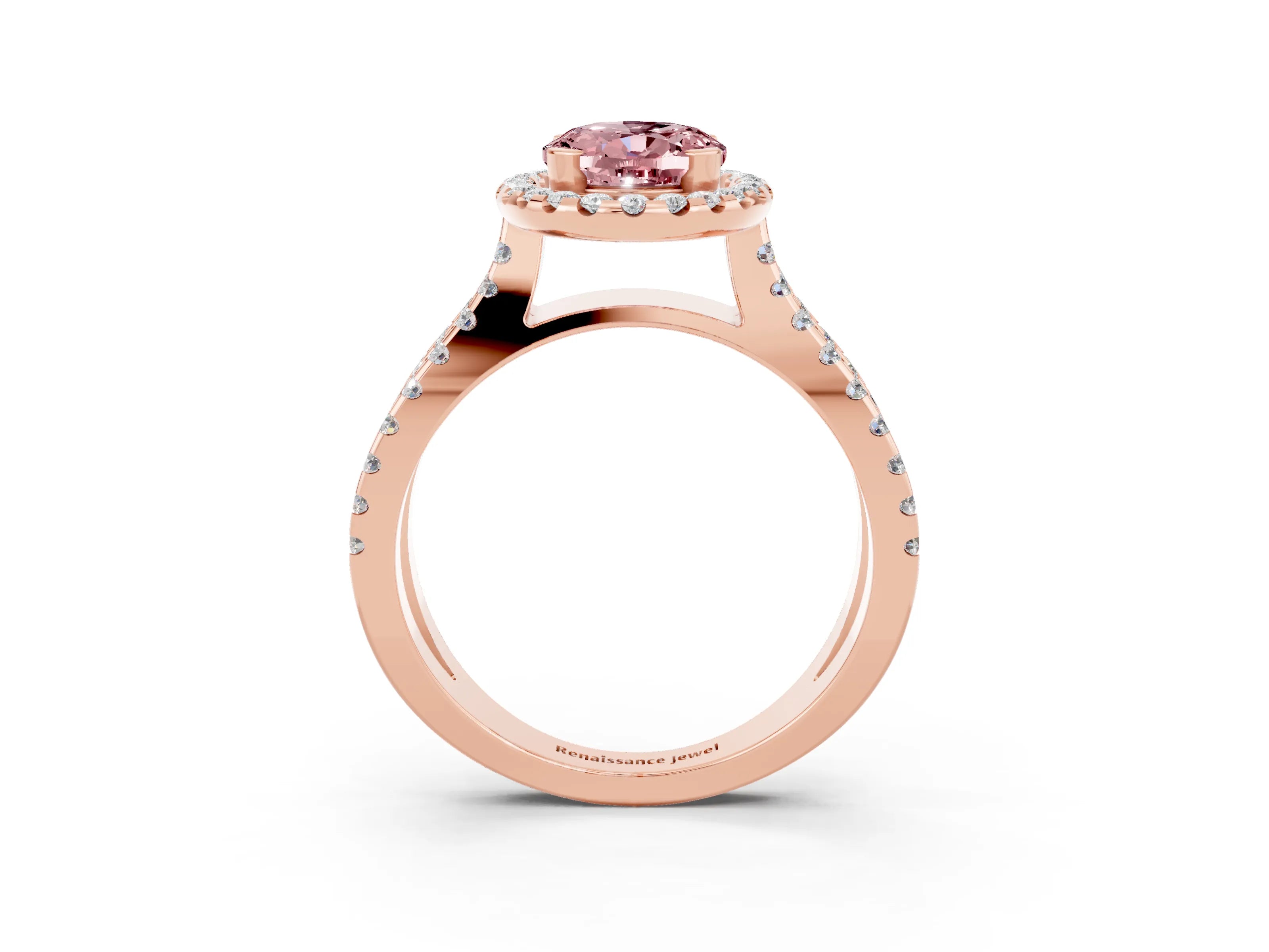 Rose gold Oval Cut Morganite Halo Ring with Split Shank Pavé Band and Prong Setting_3