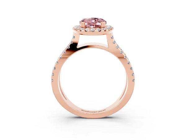 Rose gold Oval Cut Morganite Halo Ring with Split Shank Pavé Band and Prong Setting