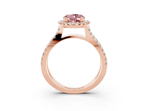 Rose gold Oval Cut Morganite Halo Ring with Split Shank Pavé Band and Prong Setting_3