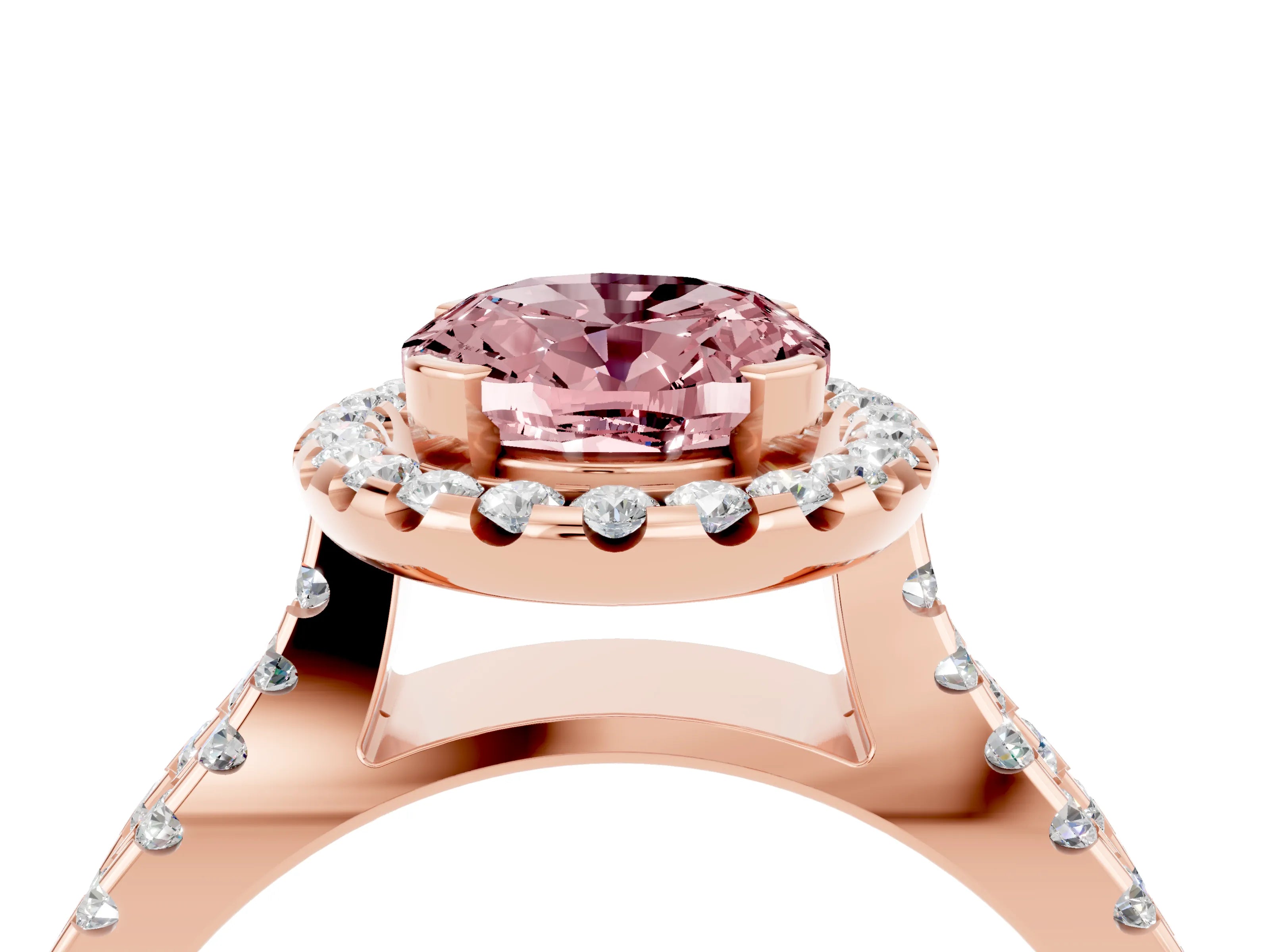 Rose gold Oval Cut Morganite Halo Ring with Split Shank Pavé Band and Prong Setting_4