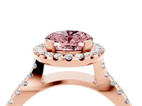 Rose gold Oval Cut Morganite Halo Ring with Split Shank Pavé Band and Prong Setting_4