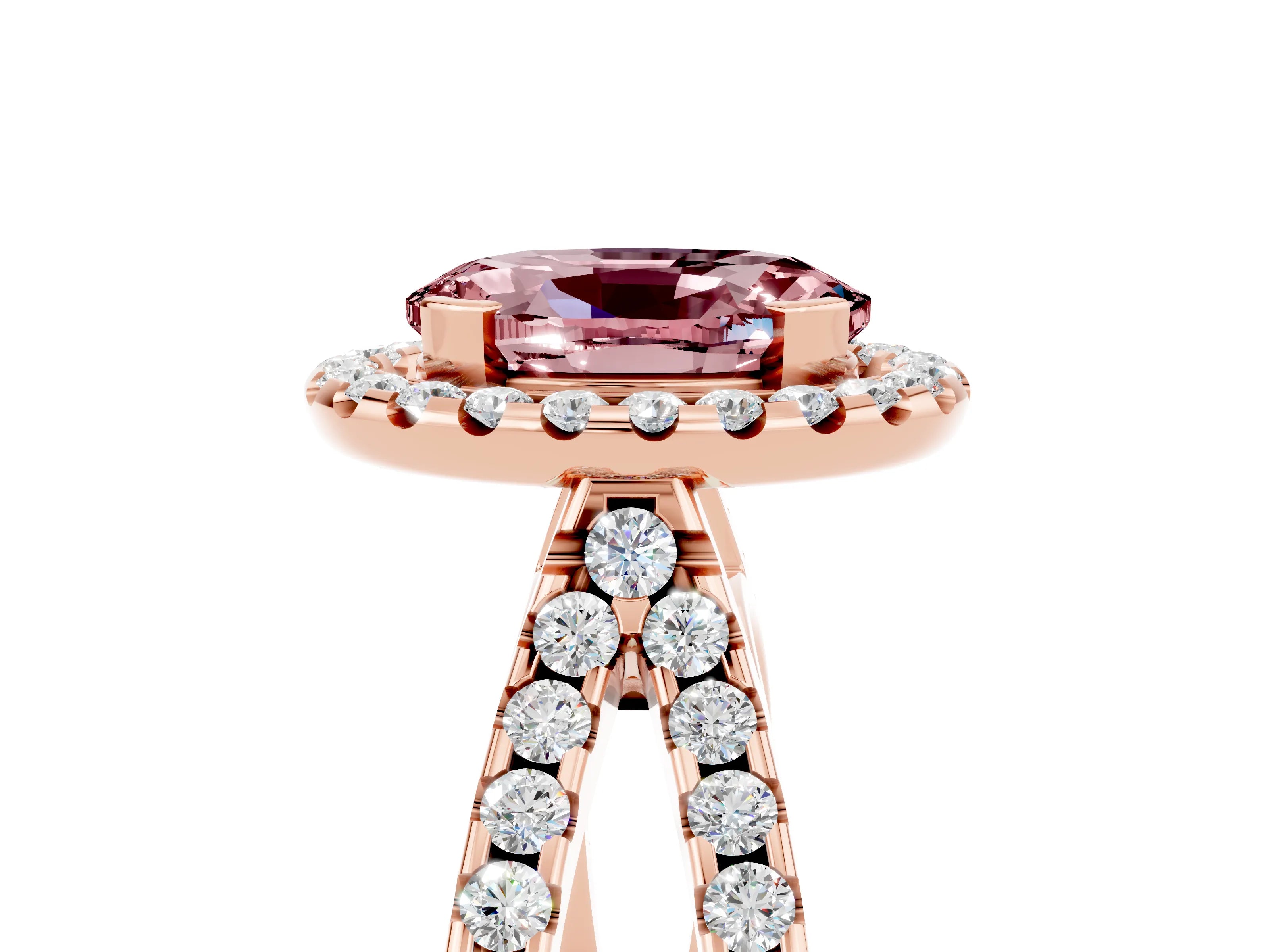 Rose gold Oval Cut Morganite Halo Ring with Split Shank Pavé Band and Prong Setting_5