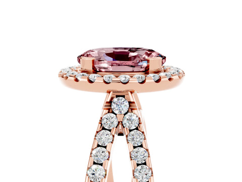 Rose gold Oval Cut Morganite Halo Ring with Split Shank Pavé Band and Prong Setting_5