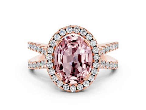 Rose gold Oval Cut Morganite Halo Ring with Split Shank Pavé Band and Prong Setting