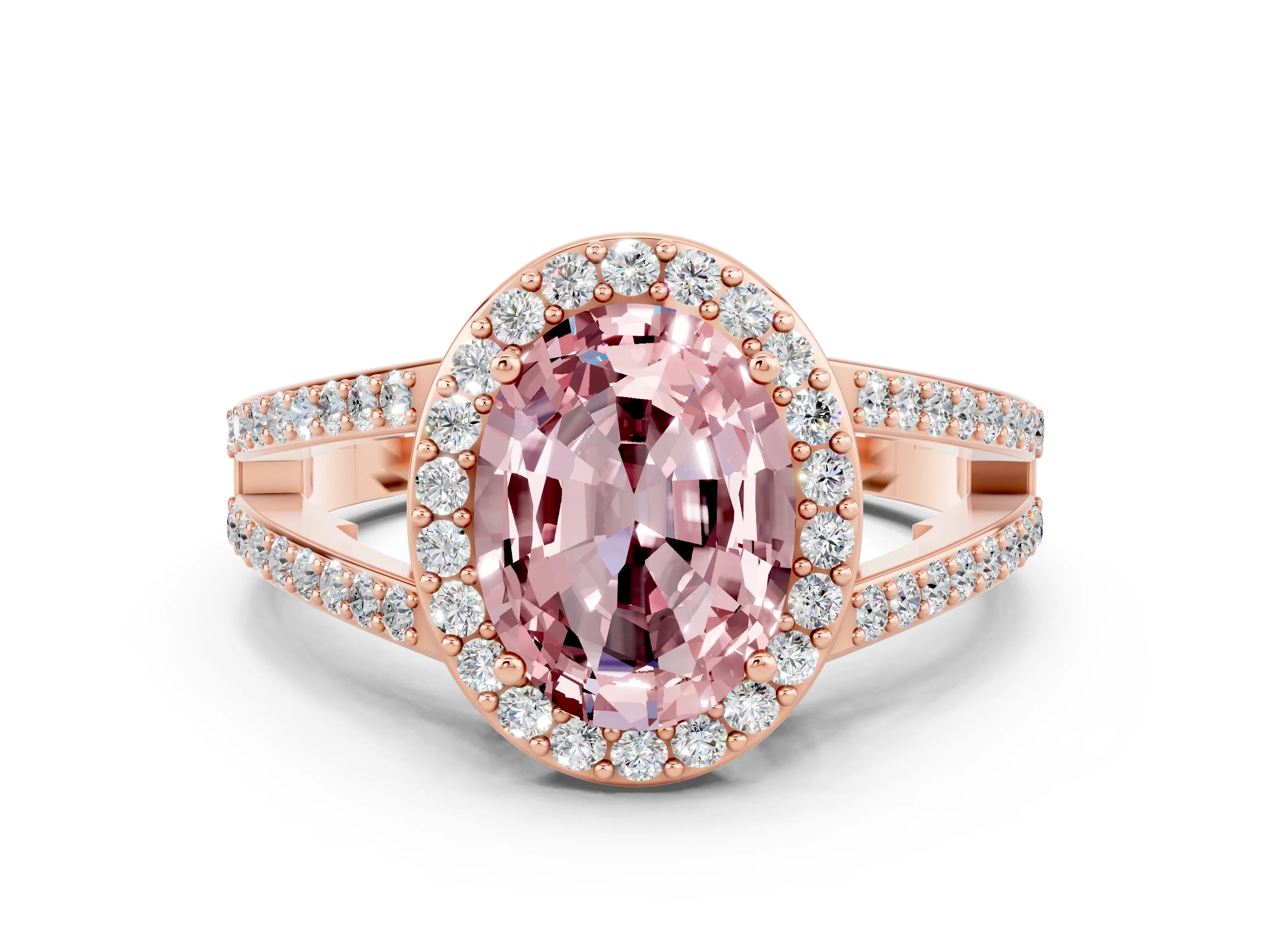 Rose gold Oval Cut Morganite Halo Ring with Split Shank U-Prong Band and Four-Prong Setting