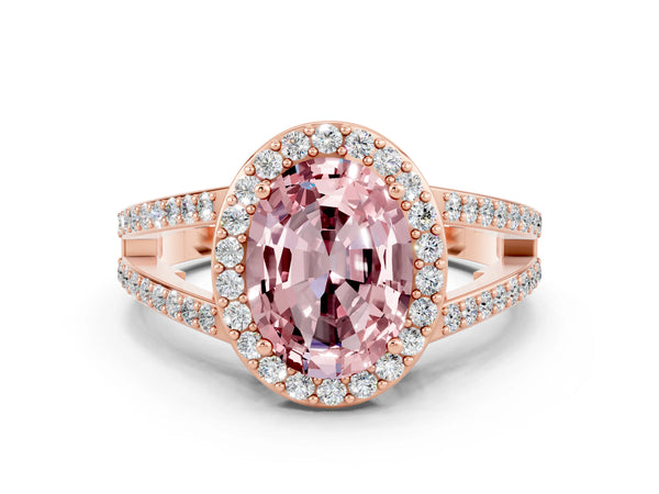 Rose gold Oval Cut Morganite Halo Ring with Split Shank U-Prong Band and Four-Prong Setting