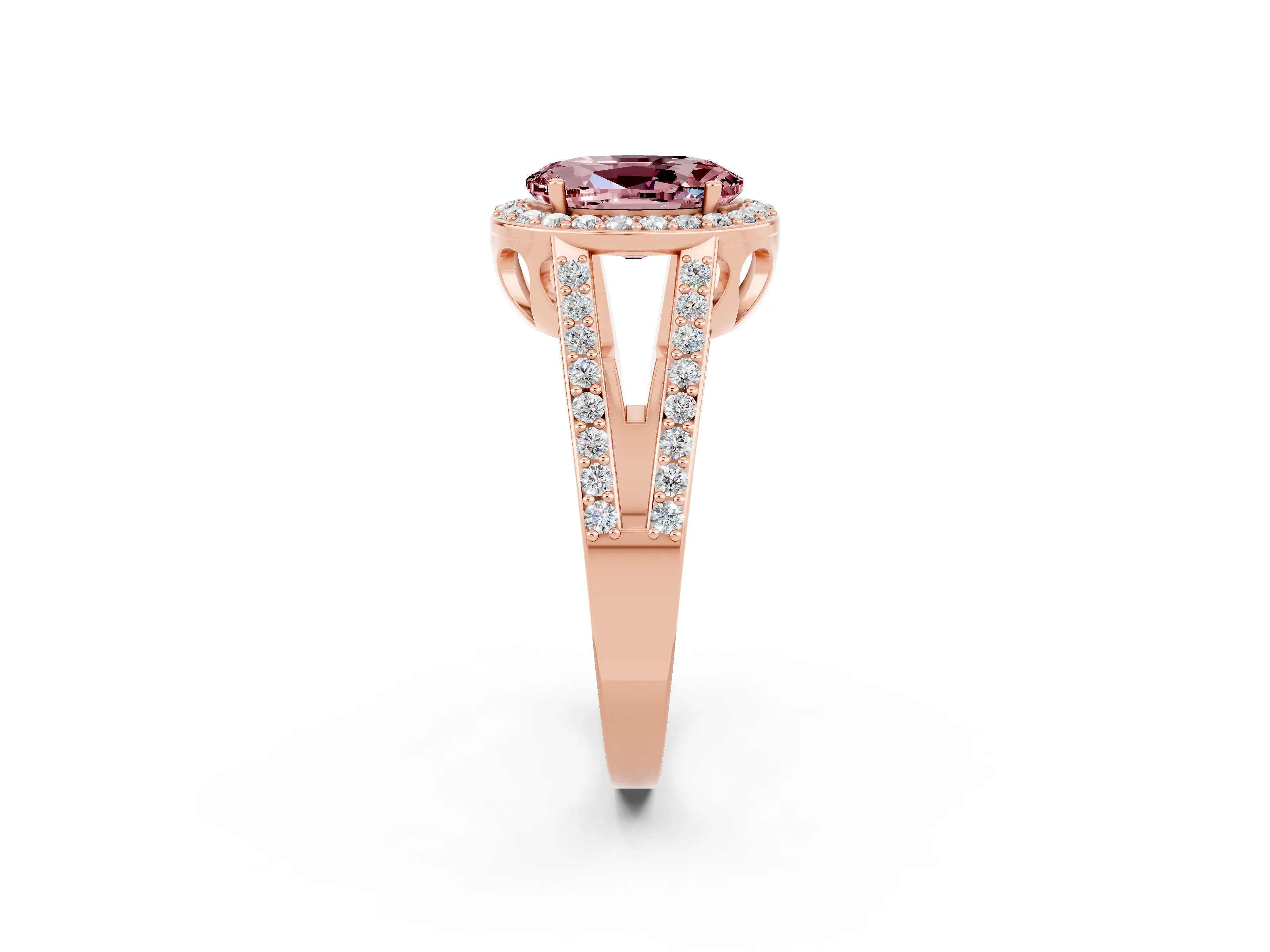 Rose gold Oval Cut Morganite Halo Ring with Split Shank U-Prong Band and Four-Prong Setting_2