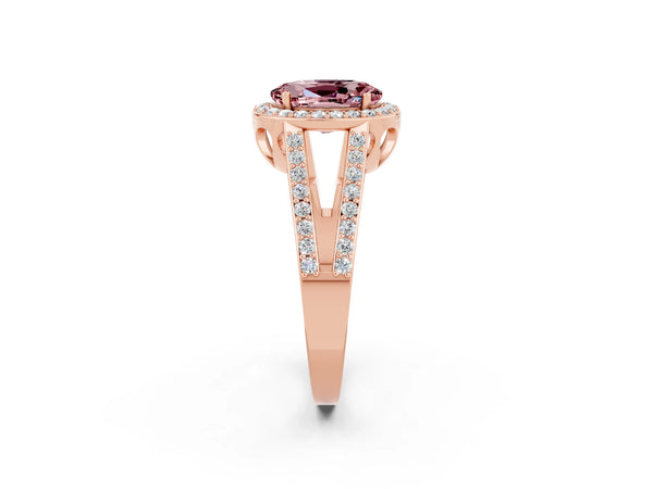 Rose gold Oval Cut Morganite Halo Ring with Split Shank U-Prong Band and Four-Prong Setting