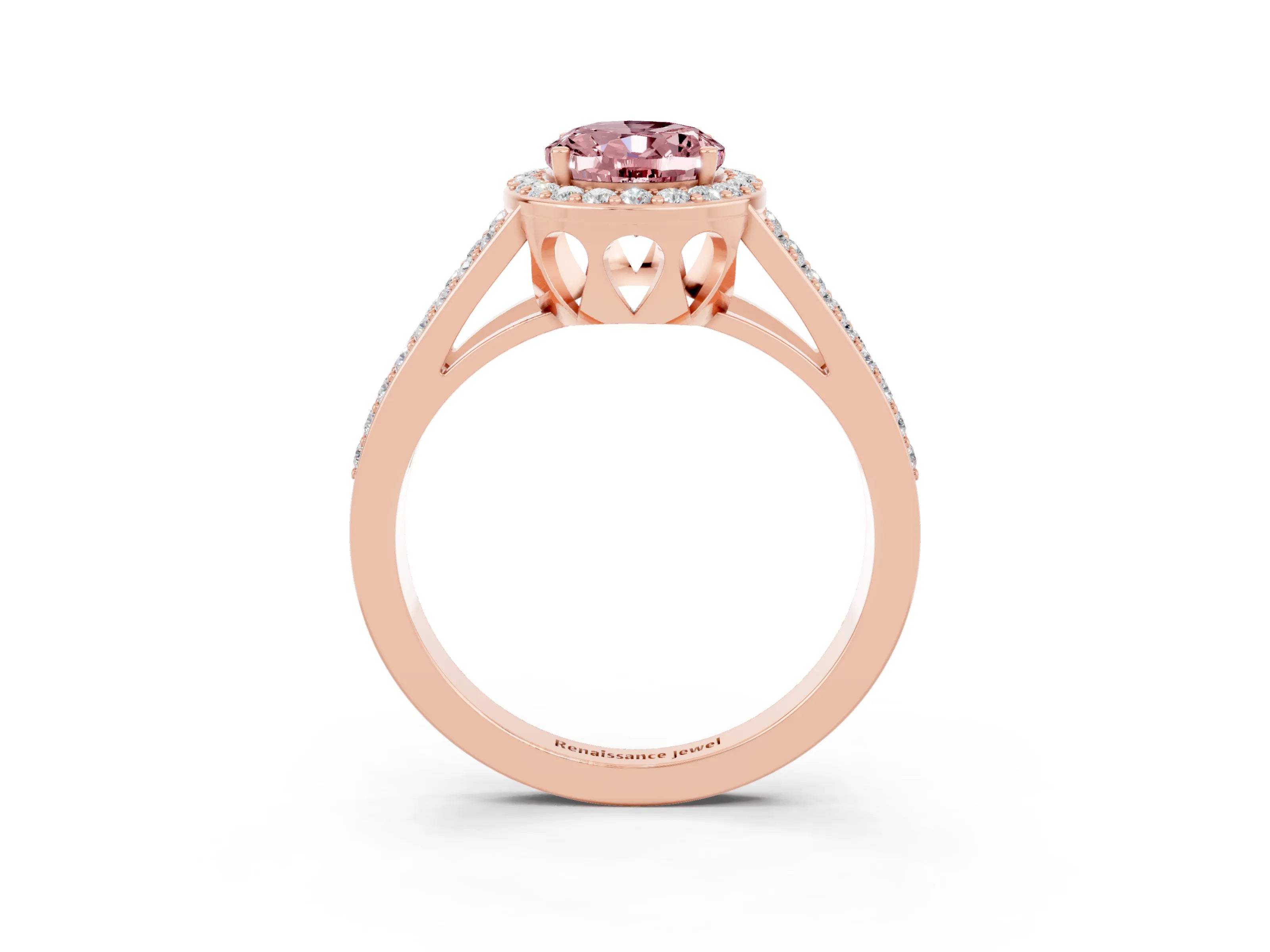 Rose gold Oval Cut Morganite Halo Ring with Split Shank U-Prong Band and Four-Prong Setting_3