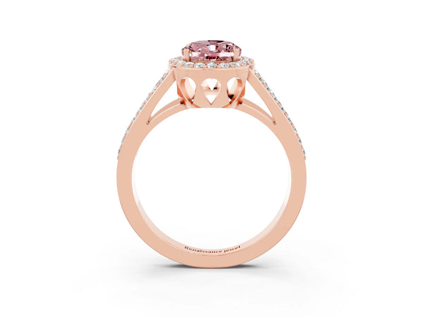 Rose gold Oval Cut Morganite Halo Ring with Split Shank U-Prong Band and Four-Prong Setting