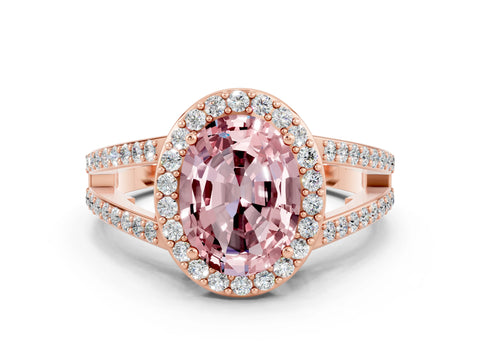 Rose gold Oval Cut Morganite Halo Ring with Split Shank U-Prong Band and Four-Prong Setting
