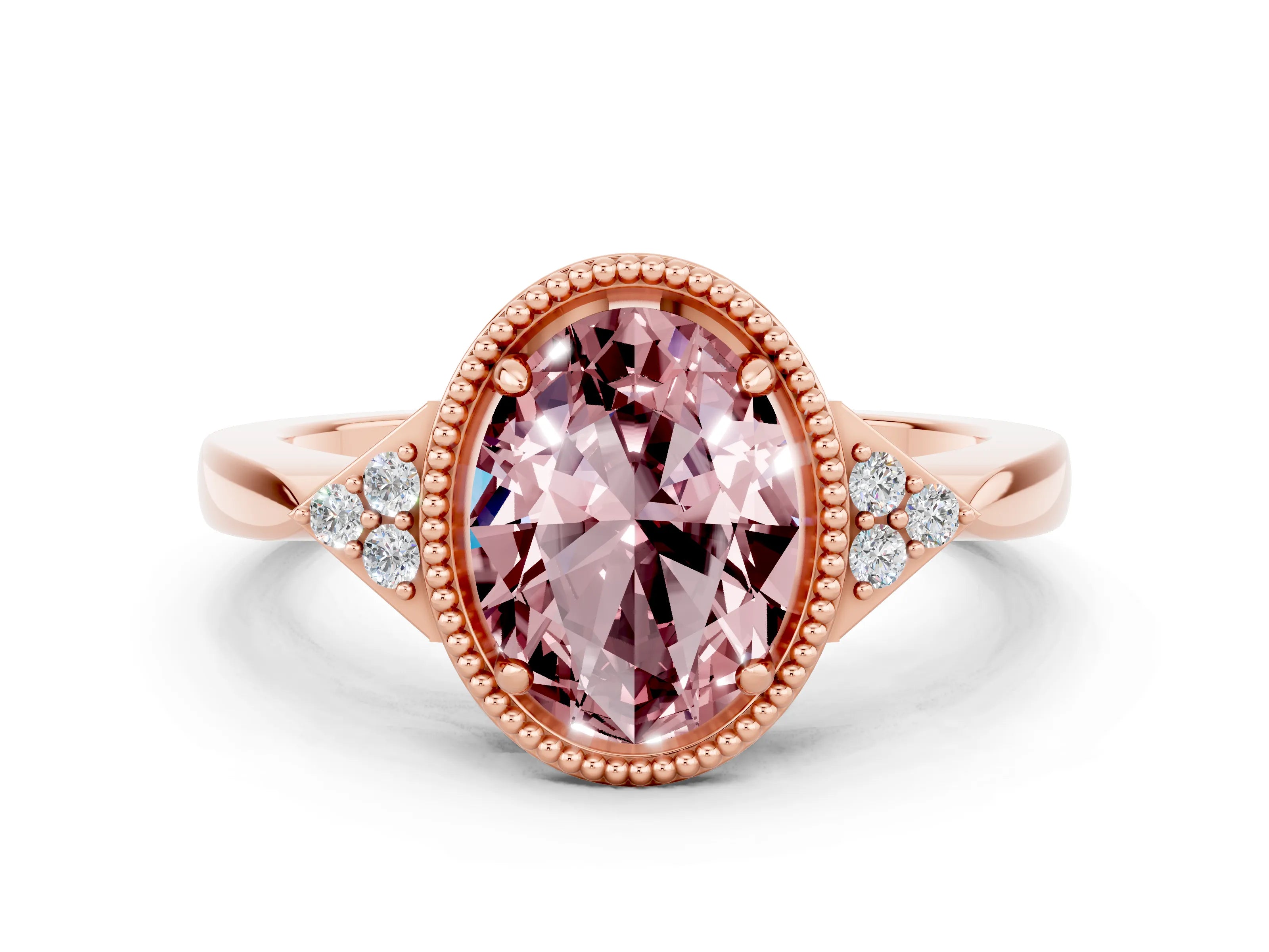Rose gold Oval Cut Morganite Halo Ring with Tapered Band and Four-Prong Setting