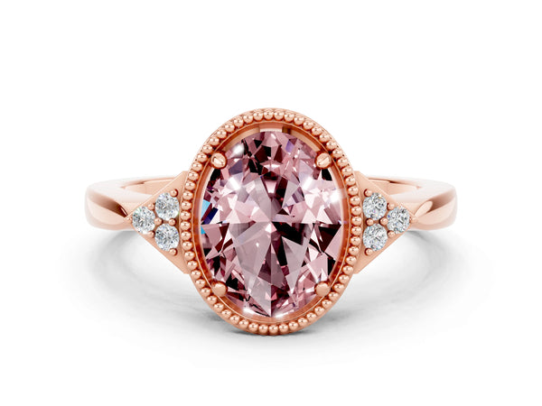 Rose gold Oval Cut Morganite Halo Ring with Tapered Band and Four-Prong Setting
