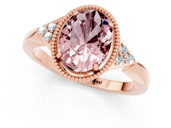 Rose gold Oval Cut Morganite Halo Ring with Tapered Band and Four-Prong Setting