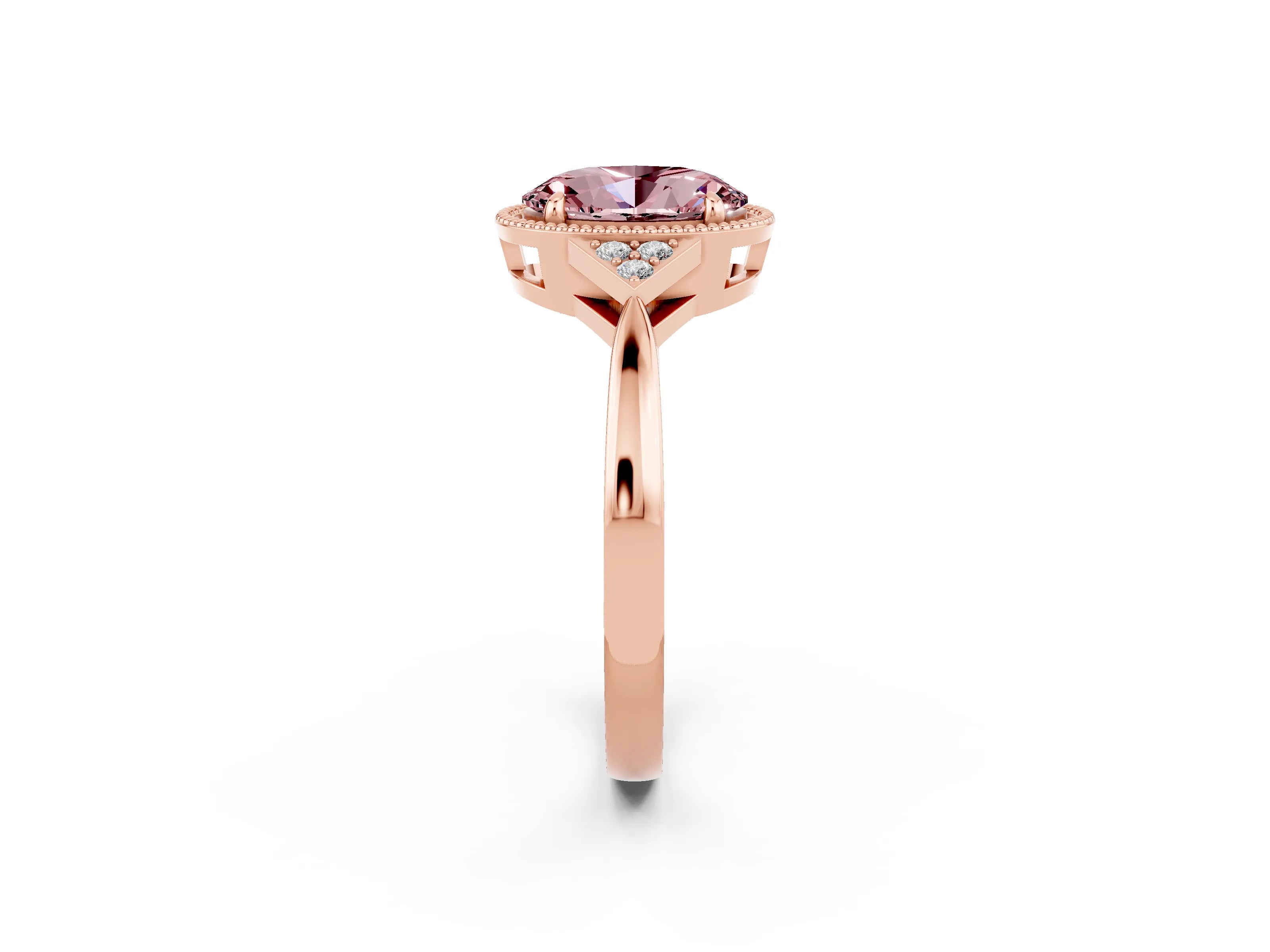Rose gold Oval Cut Morganite Halo Ring with Tapered Band and Four-Prong Setting_2