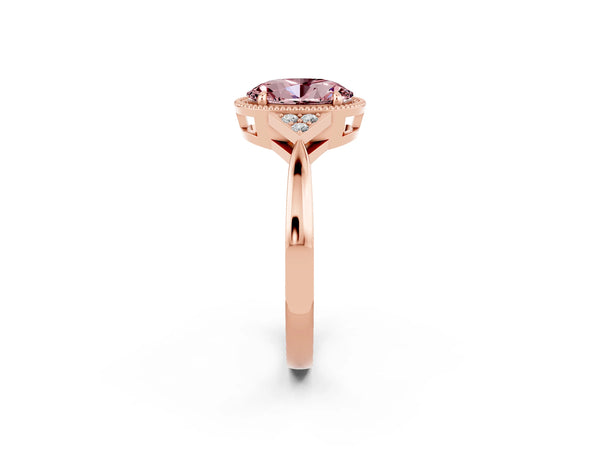 Rose gold Oval Cut Morganite Halo Ring with Tapered Band and Four-Prong Setting