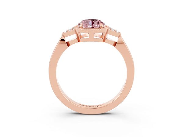 Rose gold Oval Cut Morganite Halo Ring with Tapered Band and Four-Prong Setting