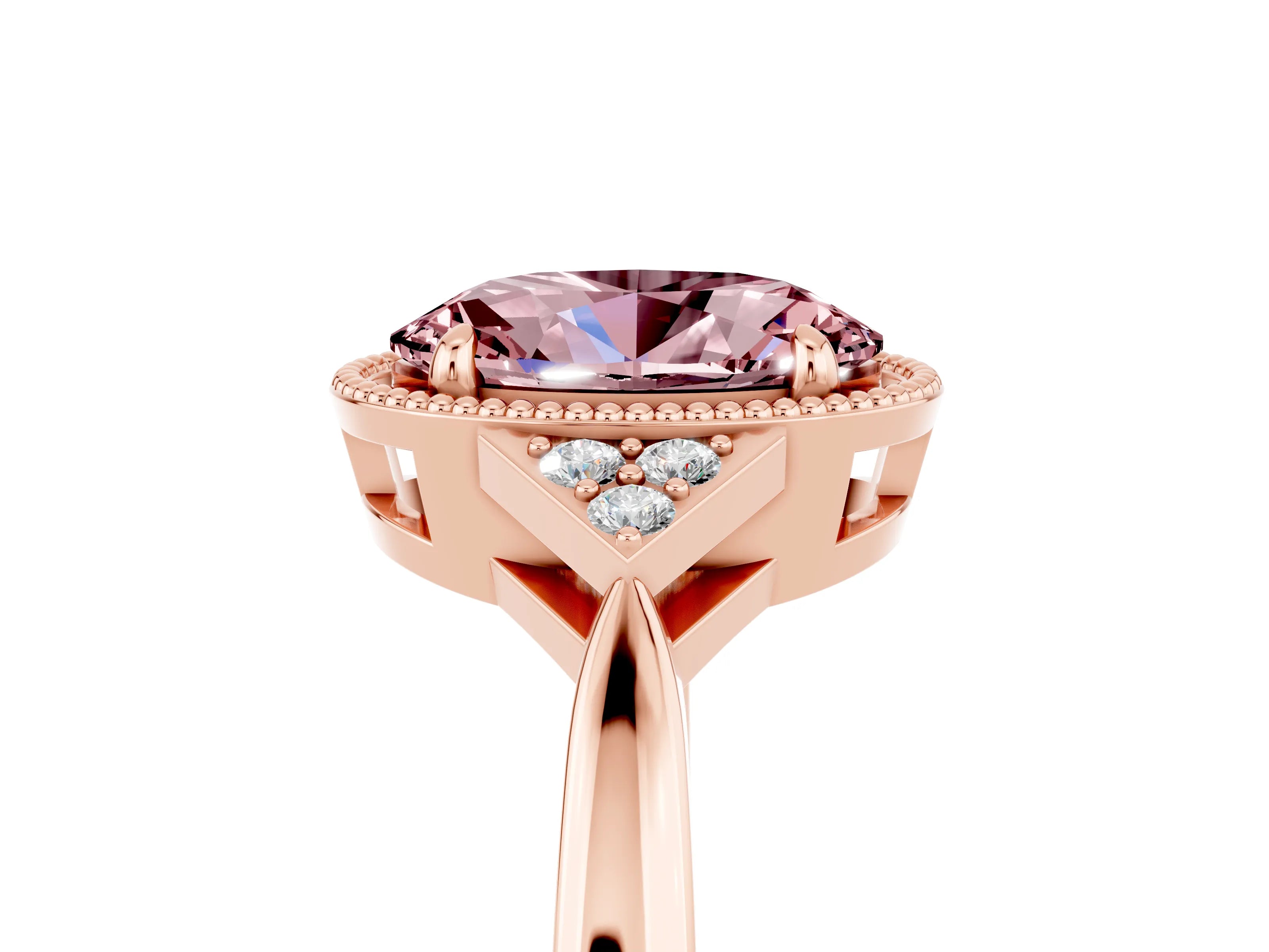 Rose gold Oval Cut Morganite Halo Ring with Tapered Band and Four-Prong Setting_5