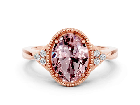 Rose gold Oval Cut Morganite Halo Ring with Tapered Band and Four-Prong Setting
