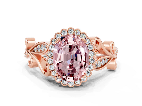 Rose gold Oval Cut Morganite Halo Ring with Vintage Split Shank and Four-Prong Setting
