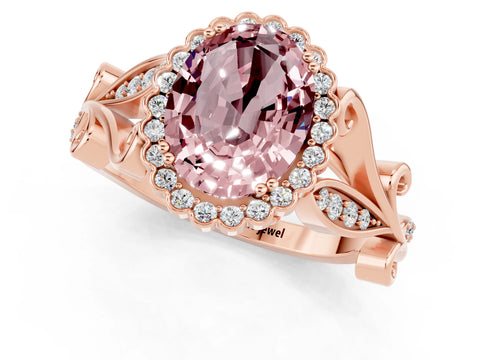 Rose gold Oval Cut Morganite Halo Ring with Vintage Split Shank and Four-Prong Setting_1