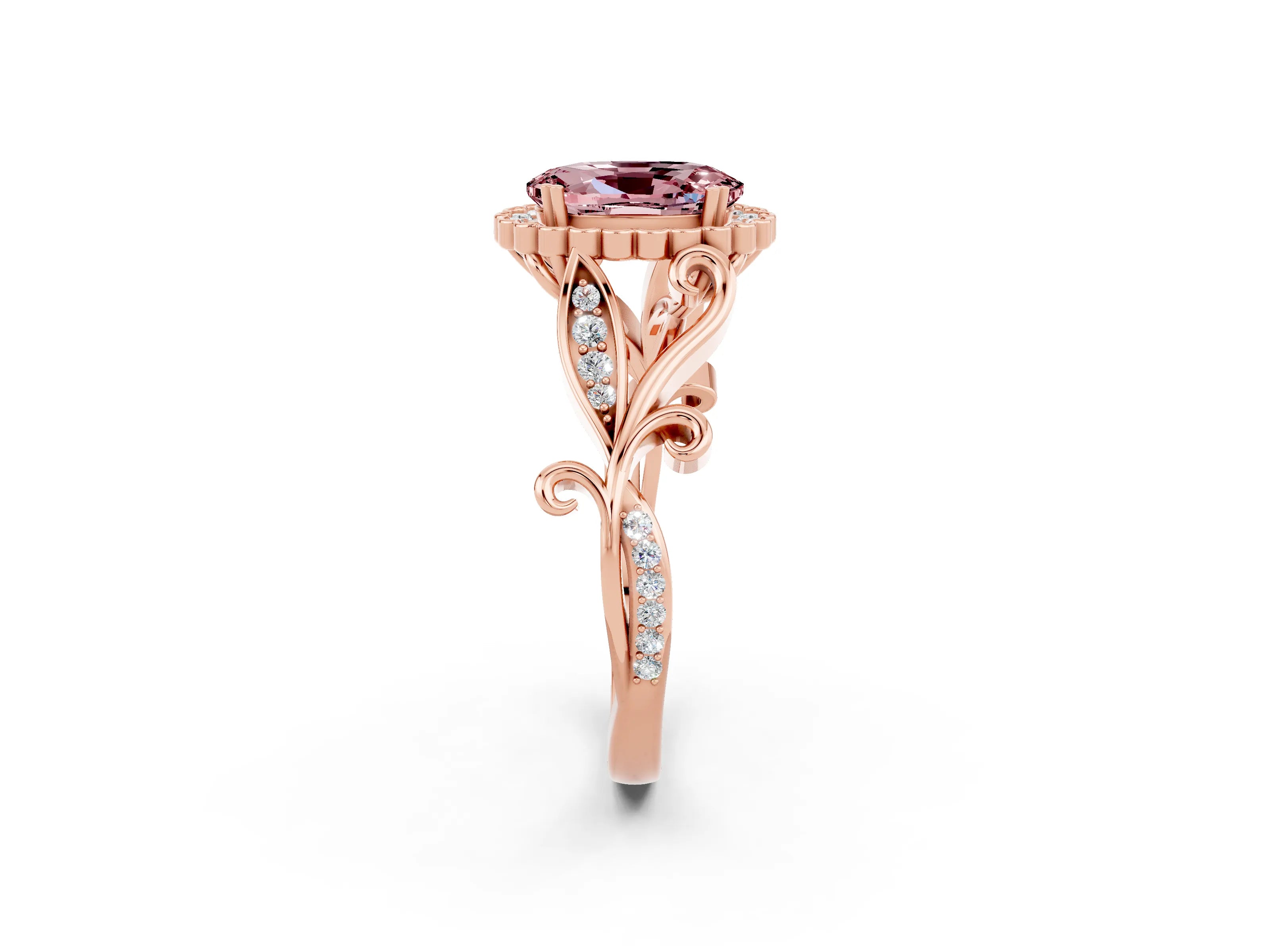 Rose gold Oval Cut Morganite Halo Ring with Vintage Split Shank and Four-Prong Setting_2