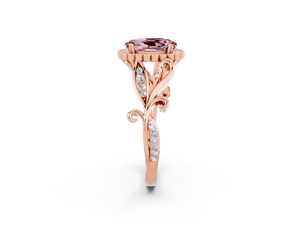 Rose gold Oval Cut Morganite Halo Ring with Vintage Split Shank and Four-Prong Setting