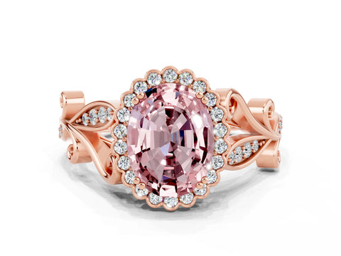 Rose gold Oval Cut Morganite Halo Ring with Vintage Split Shank and Four-Prong Setting