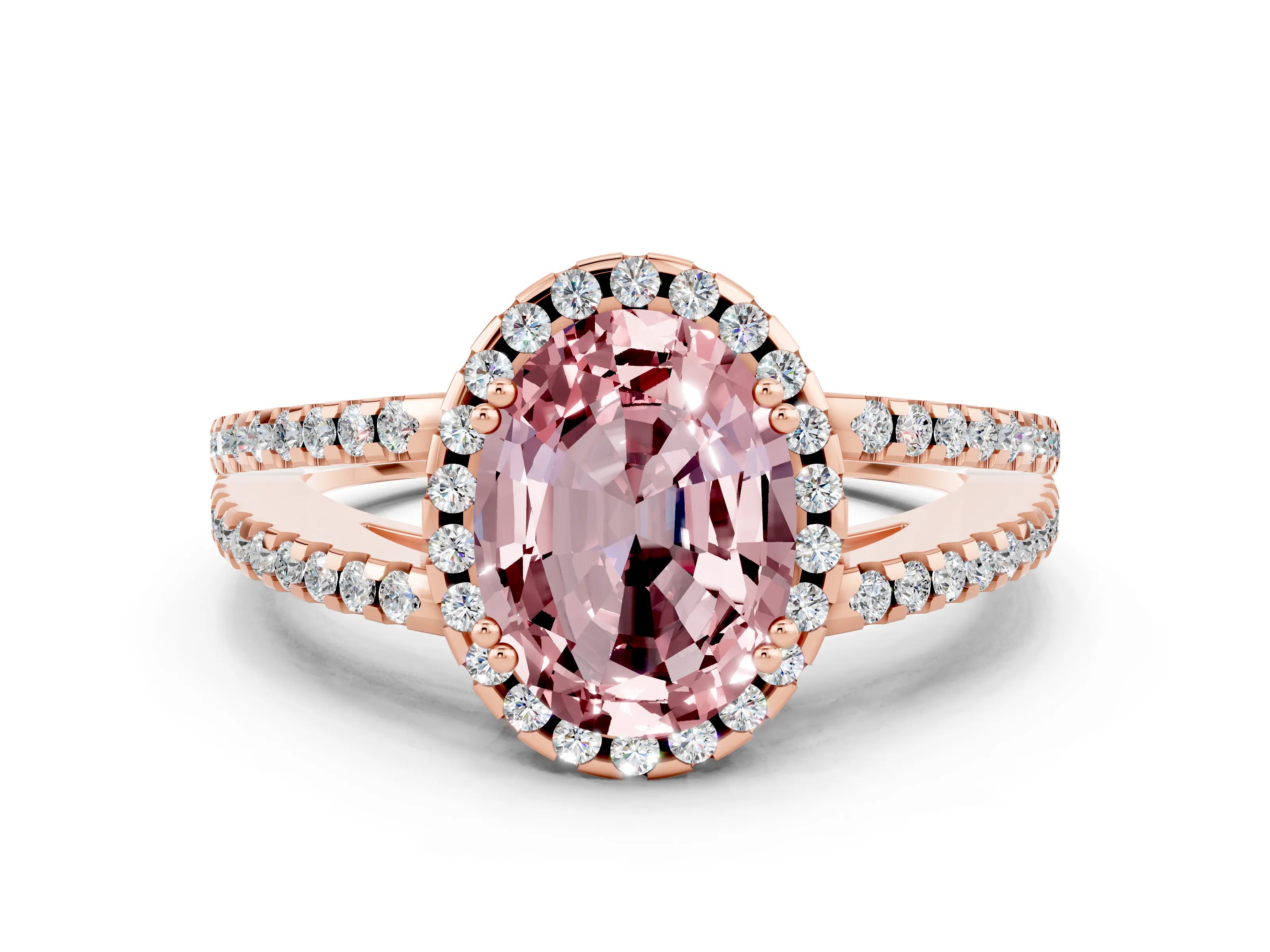 Rose gold Oval Cut Morganite Halo Split Shank Engagement Ring_24