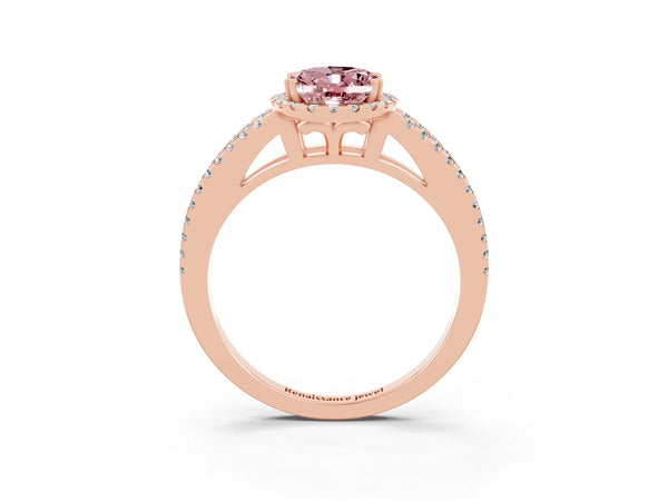 Rose gold Oval Cut Morganite Halo Split Shank Engagement Ring