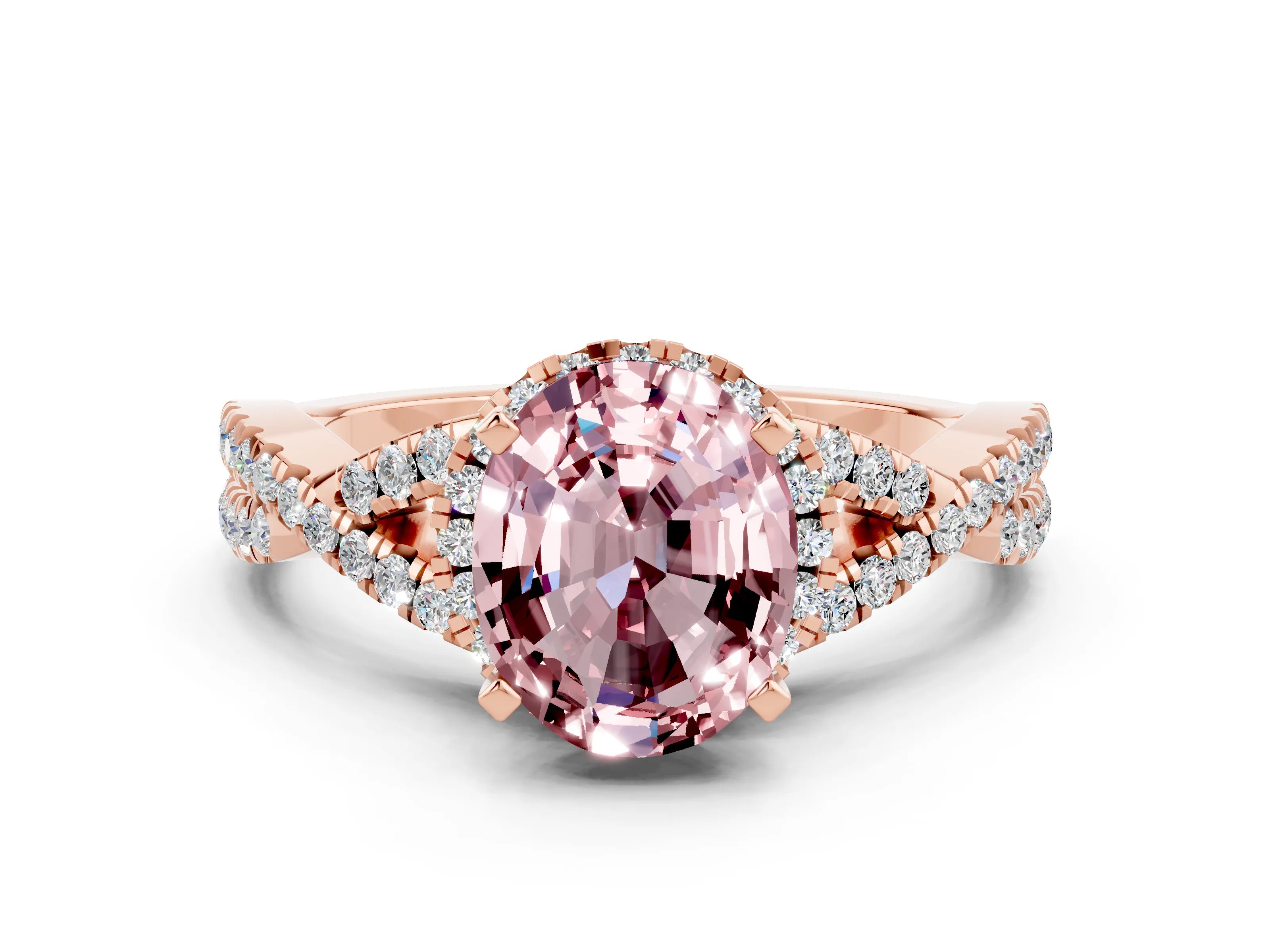 Rose gold Oval Cut Morganite Halo Twist Band Solitaire Prong Setting Ring