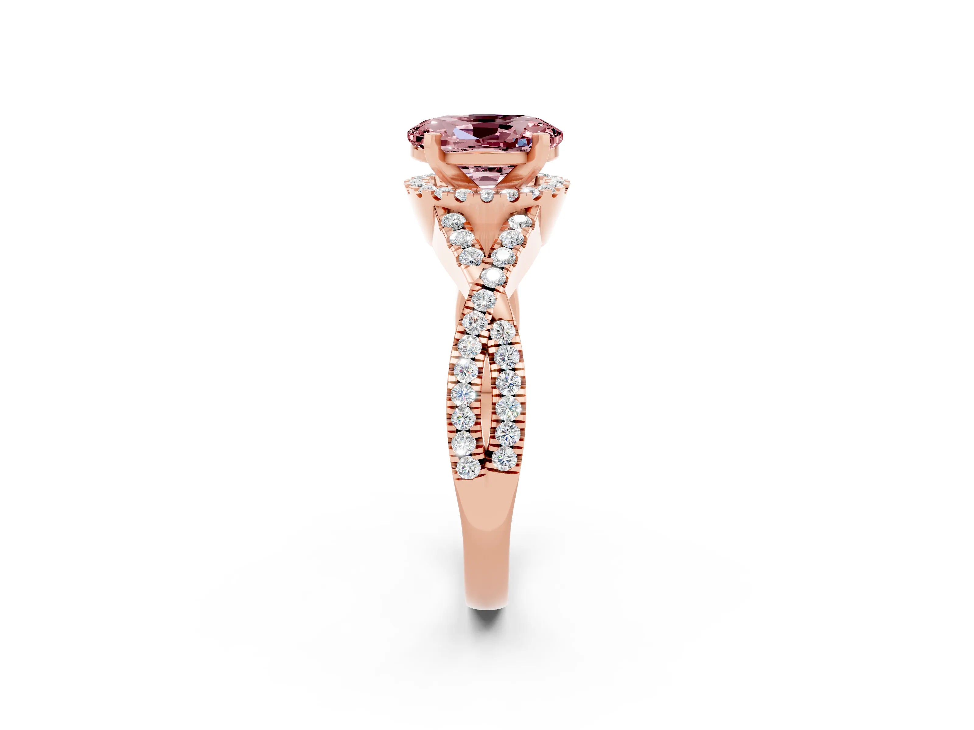 Rose gold Oval Cut Morganite Halo Twist Band Solitaire Prong Setting Ring_2